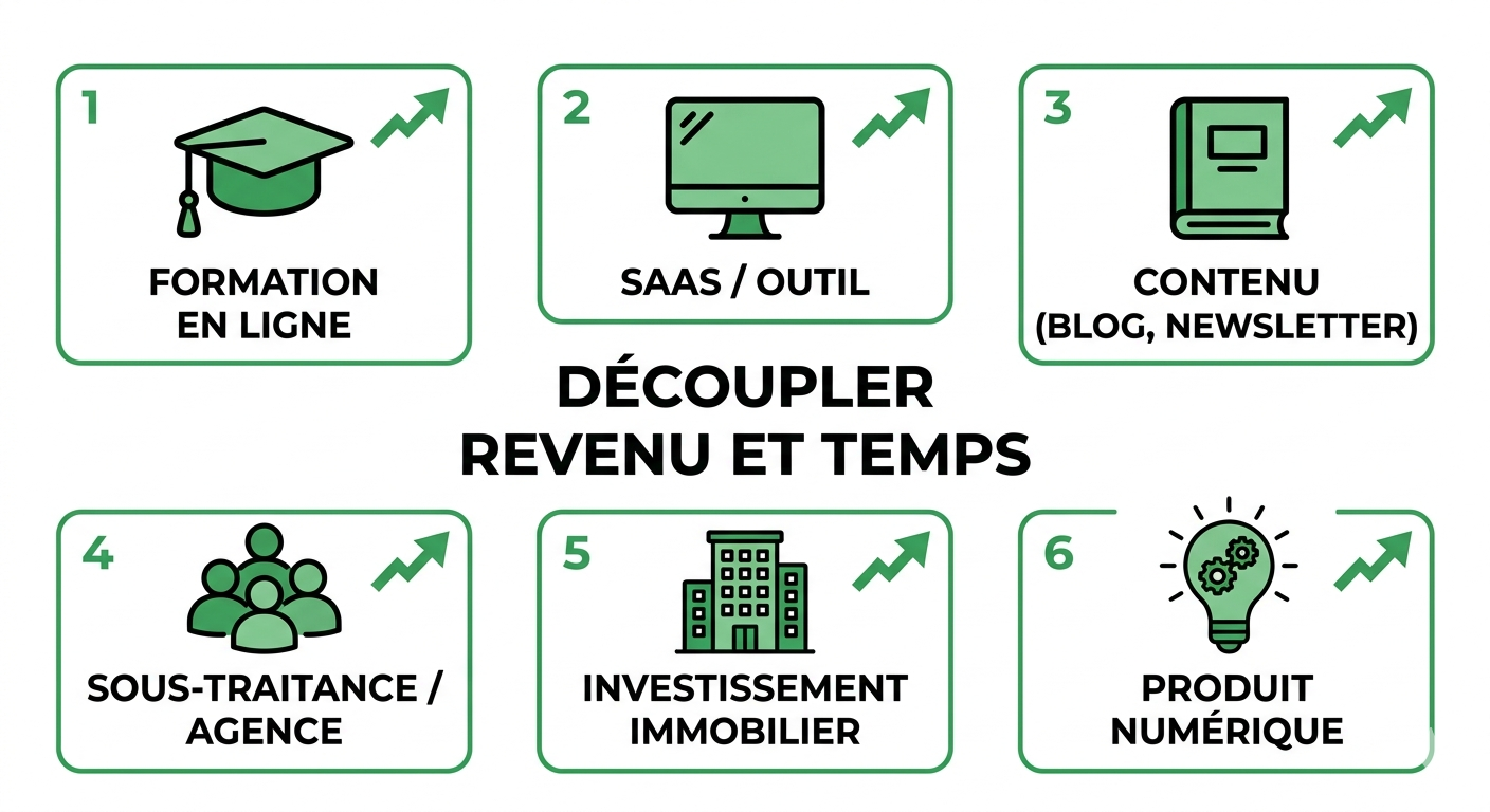 6 sources de revenus scalables pour freelance : formation, SaaS, contenu, sous-traitance, immobilier, produit numérique