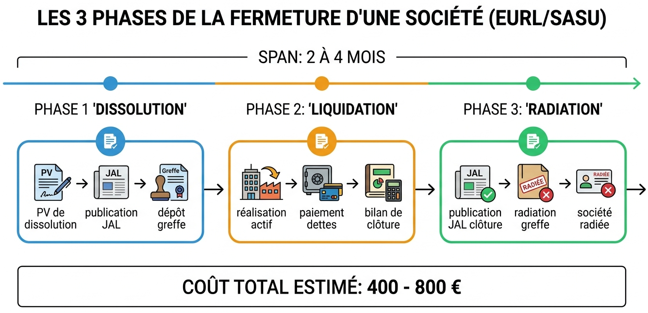 Les 3 phases de fermeture d'une EURL ou SASU : dissolution, liquidation, radiation