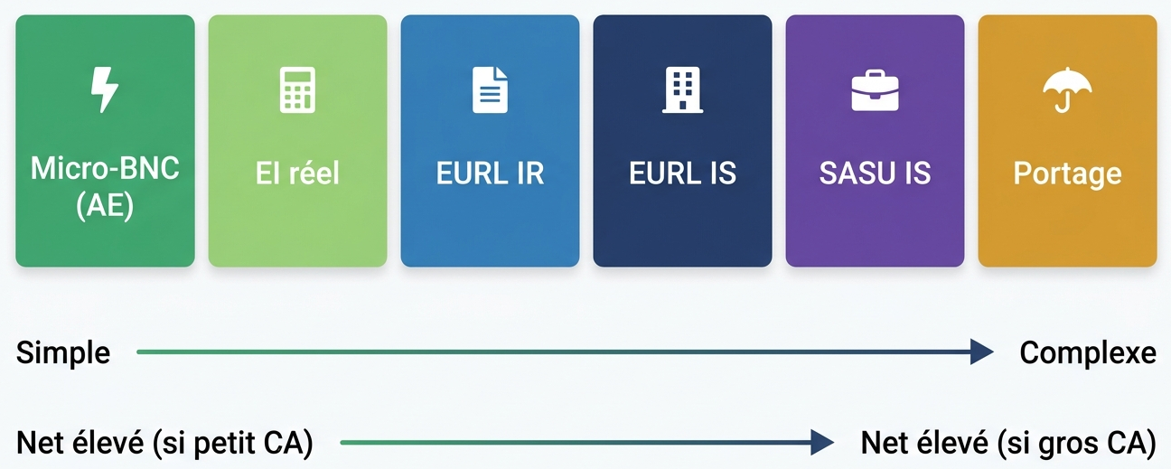 Les 6 statuts freelance en France : de Micro-BNC à Portage salarial, du plus simple au plus complexe