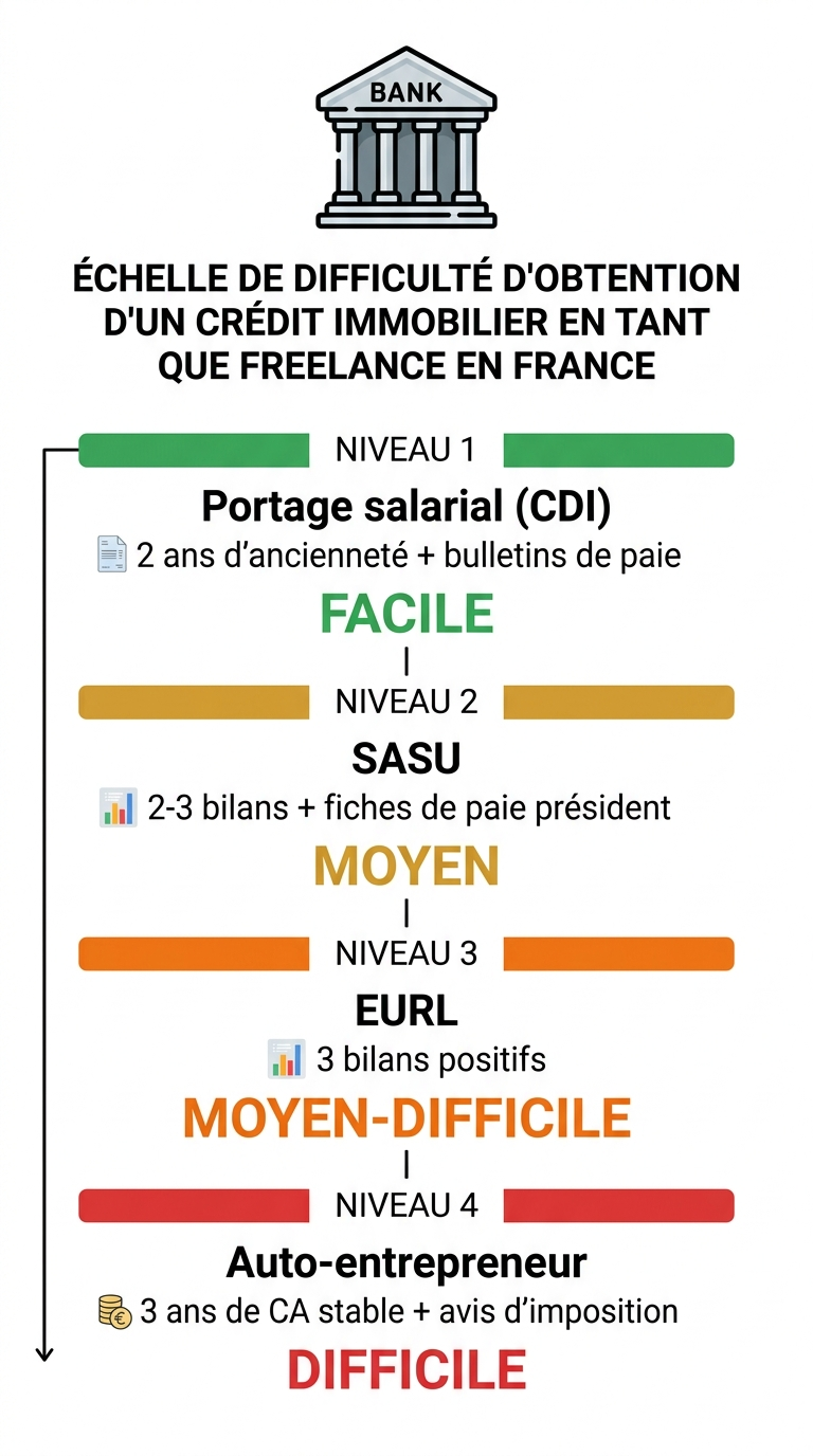 Échelle de difficulté crédit immobilier freelance par statut : portage facile, auto-entrepreneur difficile