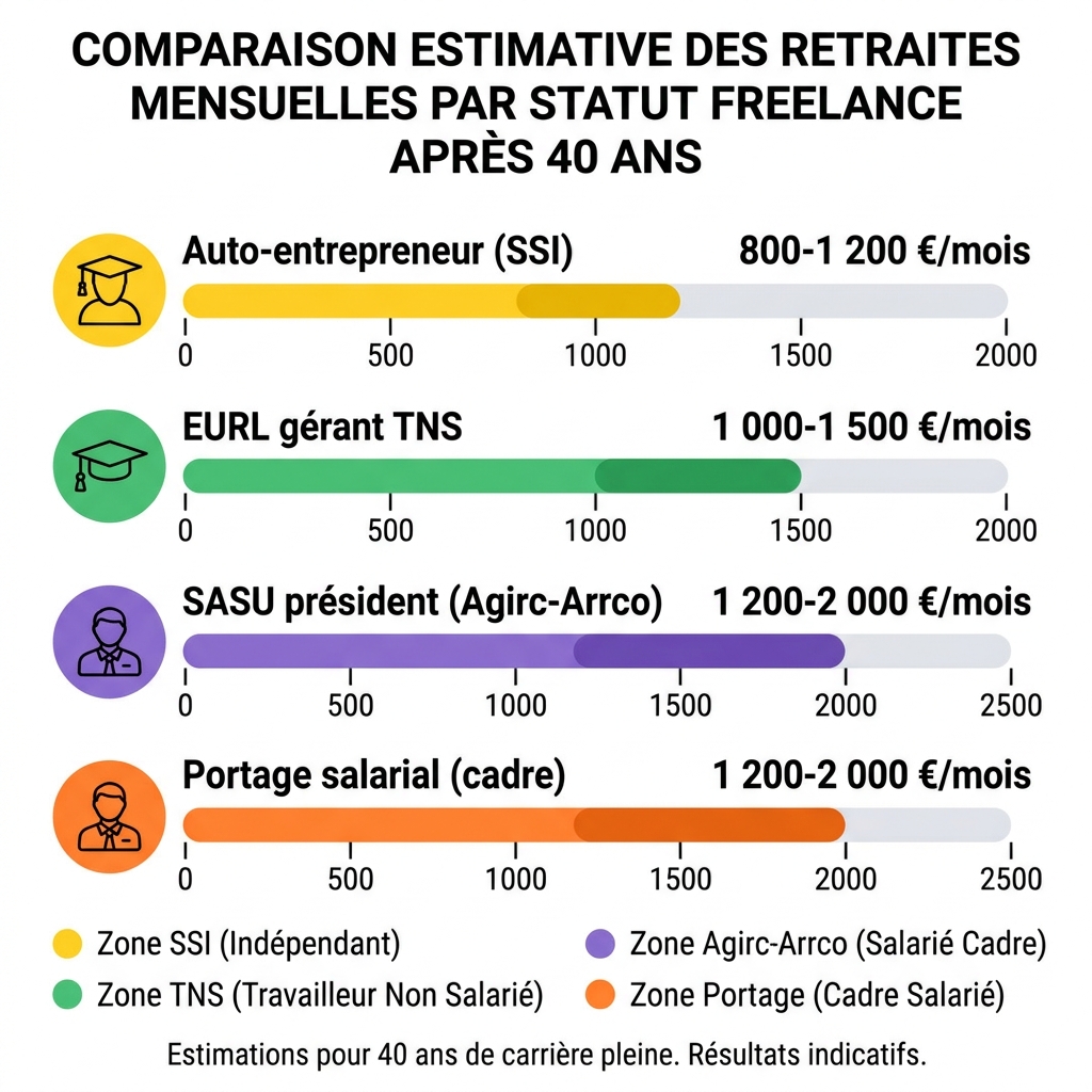 Comparaison retraite freelance par statut : trimestres validés, régime et pension estimée en AE, EURL, SASU, portage