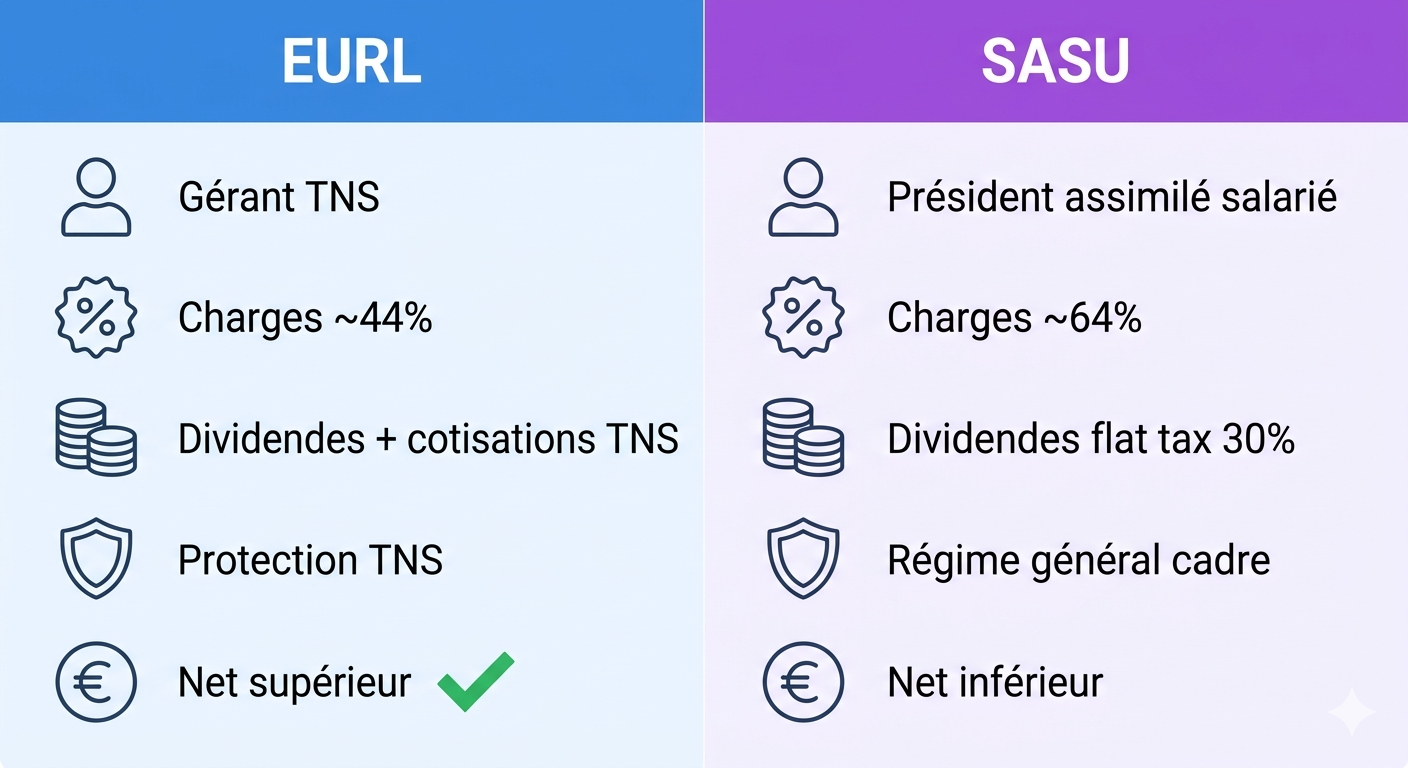 Comparatif visuel SASU vs EURL : charges, dividendes, protection sociale et revenu net